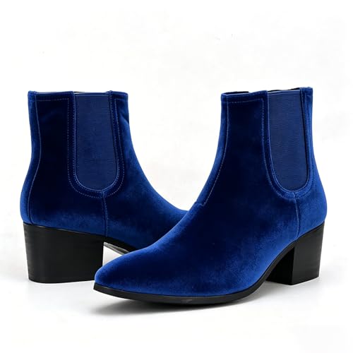 Image of Men'S Classic Leather Chunky Heel Chelsea Boots With Side Zipper Fashion Pointed Toe Elastic Band High Top Block High Heel Formal Chukka Booties For Casual Business Party Wedding