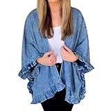 Stylish Ruffle Design: This denim kimono cardigan features charming ruffle trim along the sleeves and hem, adding a feminine touch to your casual look. The frayed edges enhance its laid-back aesthetic, perfect for boho, vintage, or Western-inspired o...