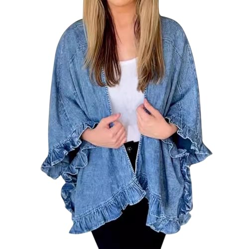 Women's Fashion Ruffle Denim Jacket Shawl Loose Fit Cloak Coat Jacket Washed Destroyed Denim Jackets Poncho Cape