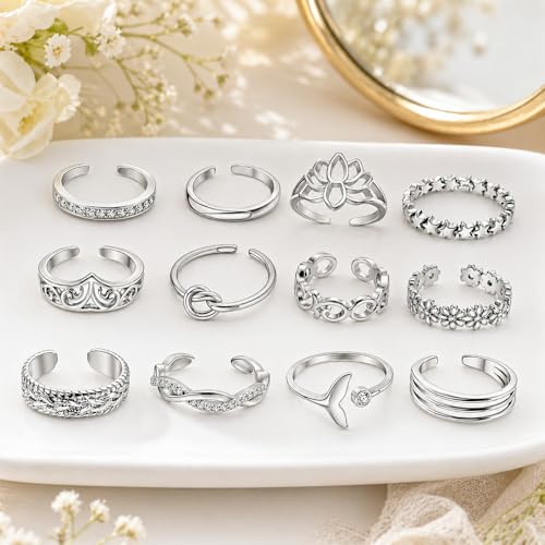 Image of 12PCS Toe Rings for Women 14K Gold /Silver Plated Adjustable Toe Ring Set Open Heart Arrow Infinity Rings Beach Foot Jewelry for Summer