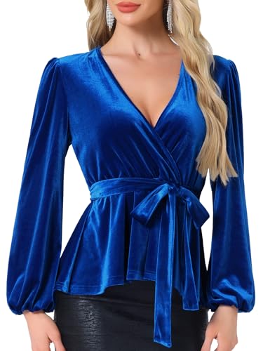 Blouse col en V Allegra K en velours chic pour femme avec ceinturon croisé