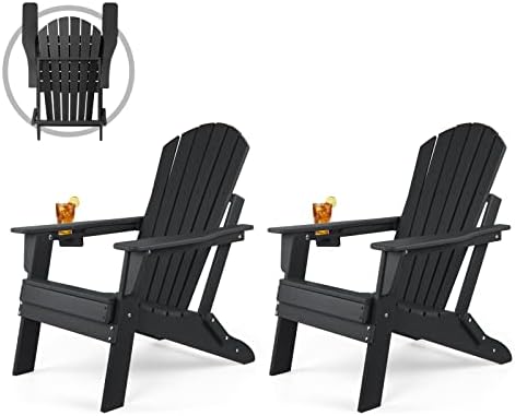 FUNBERRY Folding Adirondack Chair Set of 2, Fire Pit Chairs, Plastic Adirondack Chairs Weather Resistant with Cup Holder, Composite Adirondack Chairs, Black