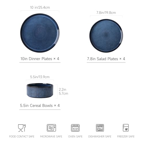 Image of Stoneware Dinnerware Sets for 4, 12Pcs Plates and Bowls Set, Midnight Blue