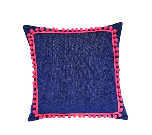 WWW.THROWPILLOW.IN Premium Decor Fabric Solid Square Cushion Cover with Pom Pom Lace & Zipper Closure (16x16 inches, Navy Blue)