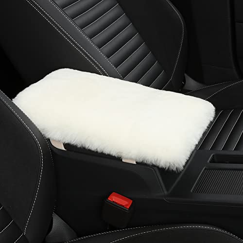 Image of IRIWOOL Sheepskin Armrest Cover Auto Center Armrest Cover Car Soft Console Pad, Fluffy Wool Auto Center Console Cover for Most Car Arm Rest Decoration Protector 7 x 13 Inch (Shearling, Ivory White)
