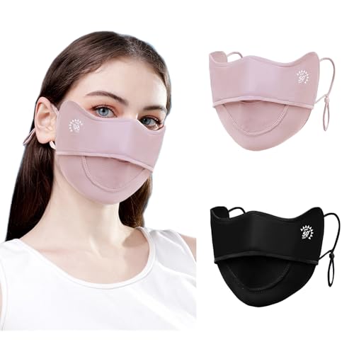 YUANST 2Pcs UV Face Mask, Sun Masks for Women, Cooling Breathable Face Cover for Outdoors, Washable Reusable (Pink+Black)