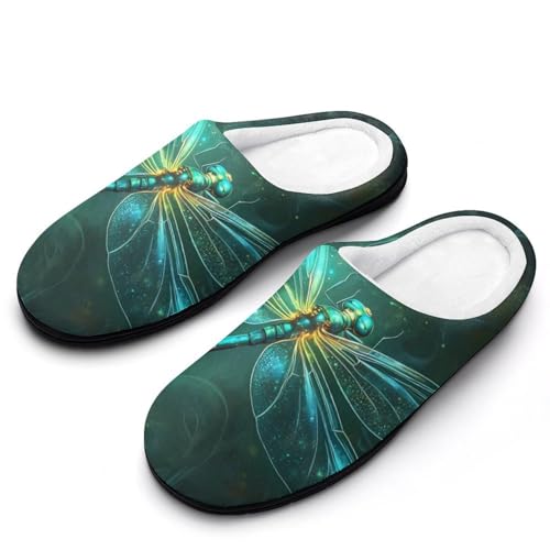 Green Dragonfly Women's Cotton Slippers Indoor Outdoor Slip-on Warm House Shoes with Anti-Skid Rubber Sole