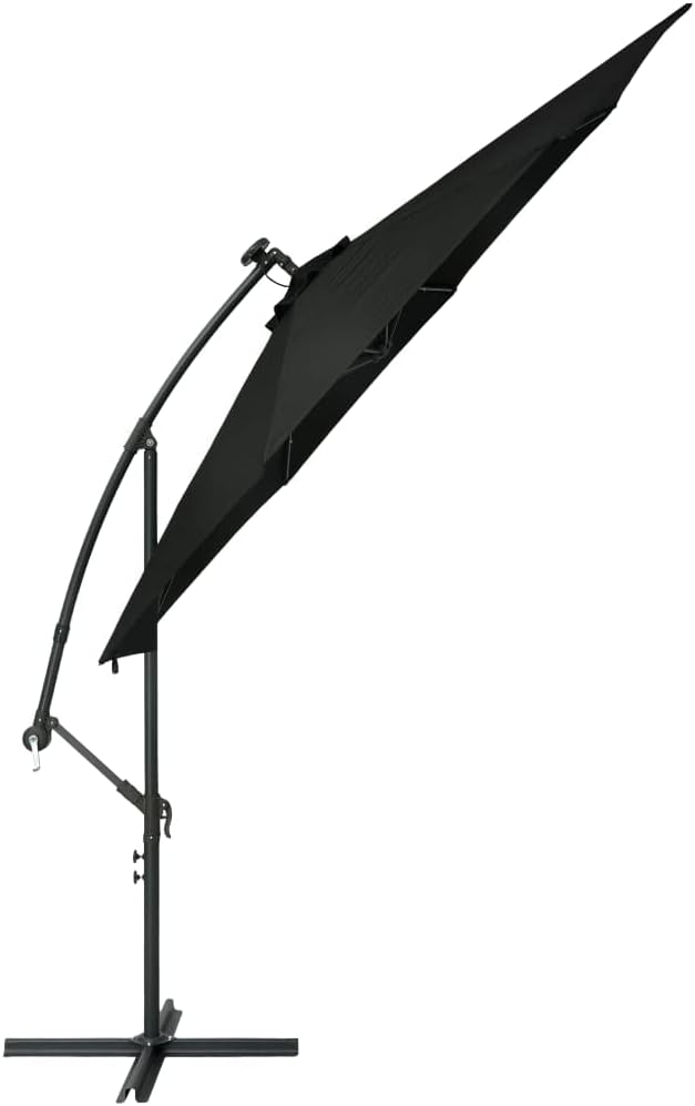 Cantilever Umbrella with LED Lights and Steel Pole,Outdoor Sun Shade,Offset Umbrella,Picnic Umbrella,Beach Umbrellas,Patio Umbrella,Balcony Cover,for Picnics,BBQ,Garden,Parties, 118.1" Black