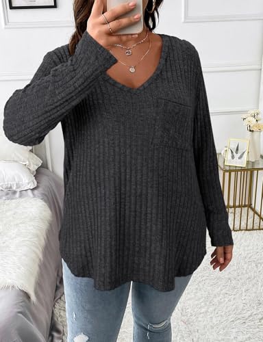 Image of Koscacy Women Plus Size Casual Knit Sweater with Pocket V Neck Solid Color Tops Lightweight Long Sleeve Blouses