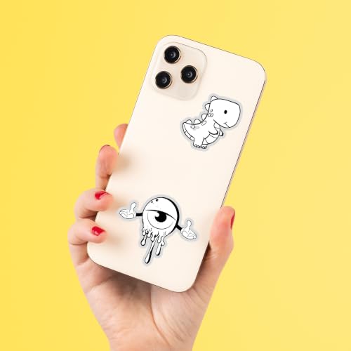 Image of Black & White Doodle Vinyl Stickers Pack of 50 | Waterproof Aesthetic Cartoon Decals for Laptop, Water Bottle, Phone, Journal, Helmet, Bicycle, Skateboard, Scrapbook & Luggage | Random Cute Monochrome