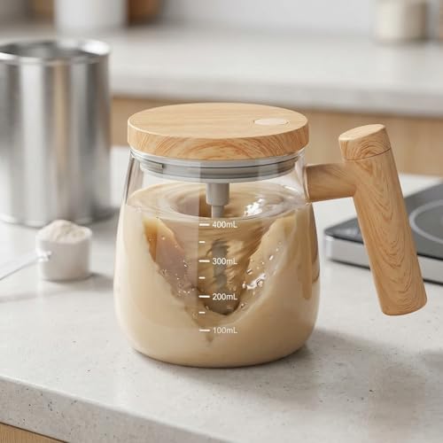 Image of Self Stirring Coffee Mug with Lid | Automatic Mixing Glass Cup for Coffee, Milk & Protein Drinks | Wooden Handle Mug for Home & Office