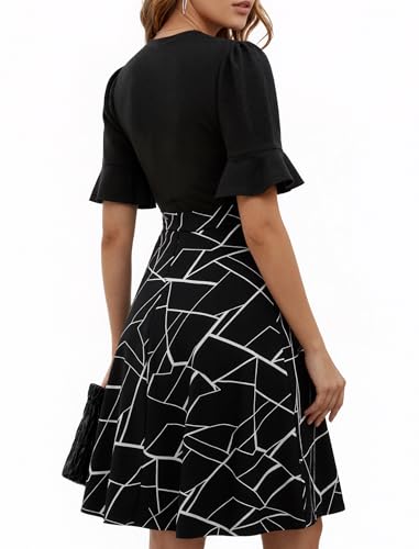 Image of Mokayee Womens Summer V Neck Ruffle Short Sleeve Fit and Flare Knee Length Church Wedding Guest Dresses with Pockets