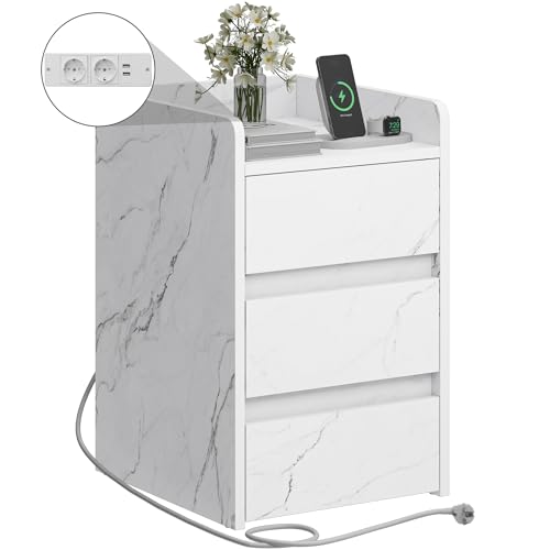 YITAHOME Nachttisch mit 3 Schubladen Netzteil 2 USB-Anschlüssen Marmorweiß – Ansicht 2