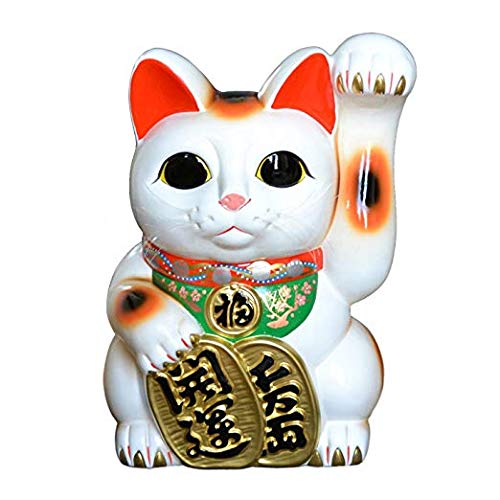 Amazon｜【 招き猫 】常滑焼 開運白手長小判猫【梅月窯】15号 招猫