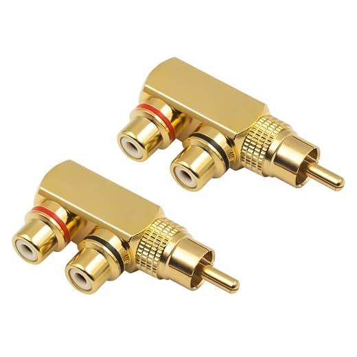 Duttek RCA Splitter Adapter, 90 graders rät vinkel RCA hane till 2 RCA hona AV-splitter adapterkontakt, guldpläterad jack audio video Y-splitter (2-pack)