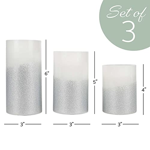 Elanze Designs Silver Tone Glitter 6 Inch Wax Led Flameless Pillar Candles Set Of 3 thumb #1