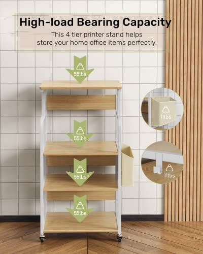 Gizoon 4 Tier Printer Stand With Storage, Sturdy Metal Printer Cart For Small Spaces, Mobile Printer Table With Wheels, Tall Stand For Home Office, Light Wood #TOP3