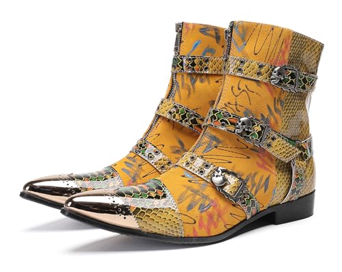 Santimon Men's Snake Print Cowboy Boots – Punk Rock Gothic Casual Western Boots with Metallic Toe, Buckle Strap,Skull Rivets & Side Zipper for Stage, Party & Bar