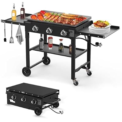 Llamaviva 3 Burner 35" Flat Top Grill with Foldable Shelves 45000 BTU Outdoor Griddle for Propane High-Pressure Systems Portable BBQ Grill