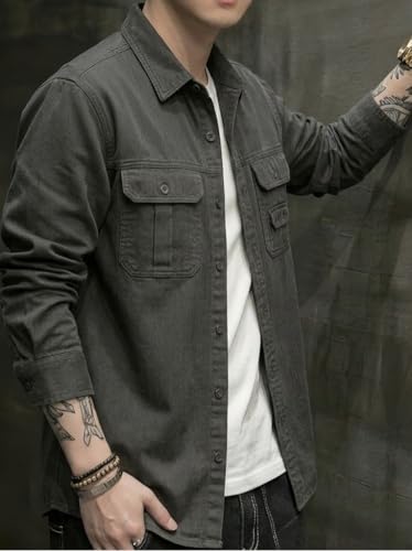 Image of SMOWKLY Men's Casual Shirt Jacket for Men | Lightweight 100% Cotton Overshirt | Full Sleeve Utility Shacket with Pockets | Stylish for Everyday Wear | Full Sleeve Button Down Shirt