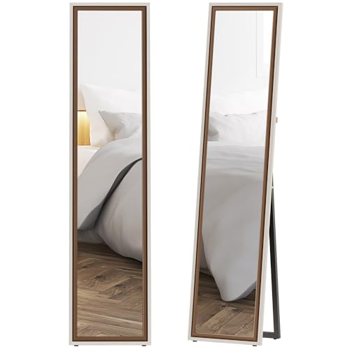 HOMCOM Espejo de Pie Cuerpo Entero 157x37 cm, Espejo Grande de Pared con Marco Bicolor, de Pie, Inclinado o Colgante, para Salón, Dormitorio, Pasillo, Entrada, Blanco y Marrón Oscuro