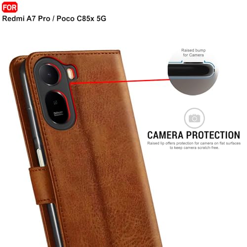 Image of TheGiftKart Genuine Leather Finish Flip Back Cover Case for Mi Redmi A7 Pro /Poco C85x 5G / C81 | Inbuilt Pockets & Stand | Designer Button Magnet Flip Back Cover Case (Faux Leather, Brown)