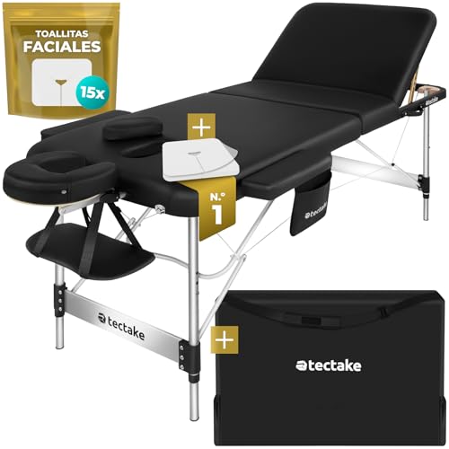 TecTake® Camilla Masaje Plegable y Ajustable en Altura, Camilla Fisioterapia, Estructura Ligera de Aluminio, Camilla Estetica Profesional, Acolchado Resistente al Agua y Aceite - Ancho 70 cm Negro