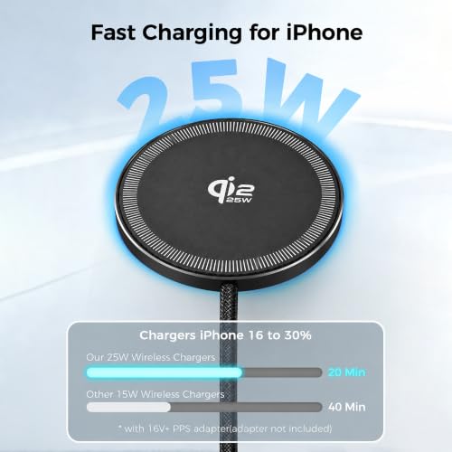 Image of MX 25W Qi2 Magnetic Wireless Charging Pad with USB-C Cable 1.2M, Fast Wireless Charger, Aluminum Body, Nylon Braided Cable for Compatible Smartphones, Wireless Earbuds & Qi-Compatible Devices