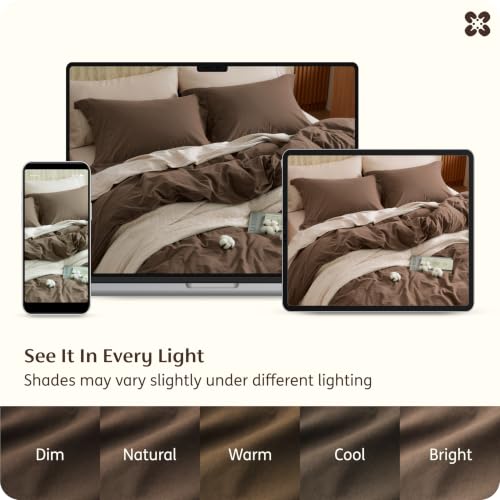 Image of Bedsure 100% Washed Cotton Duvet Cover Cal King - Brown Minimalist Bedding Set Linen Like - PureWoven Plain Simple & Soft Comforter Cover for All Seasons (Brown, California King, 104 inchx98 inch)