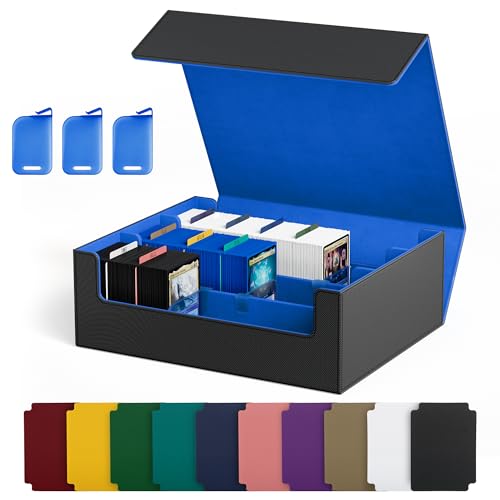 Image of UAONO Trading Card Storage Box, Holds 1800 Sleeved Cards with 10 Dividers & 3 Stoppers, Magnetic Closure PU Leather Card Case for MTG, PTCG, YGO, Sports Cards (Black&Blue)