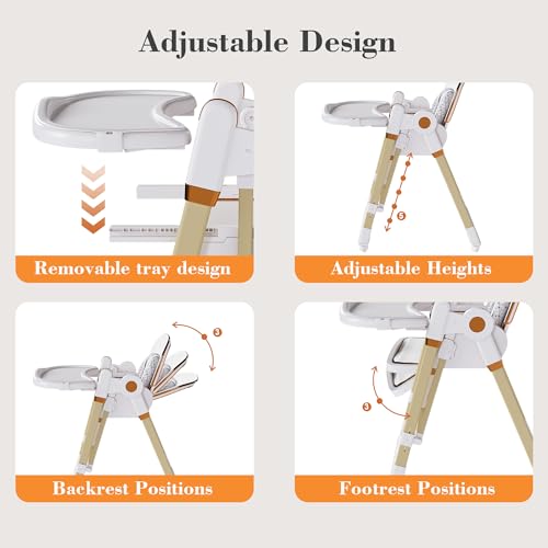 Image of Foldable Baby High Chair with 150 Swing & Recline,Convertible High Chairs for Babies and Toddlers,5 Height Levels,3 Backrest & Footrest Positions,Removable Double Tray,Lockable Wheels (White)