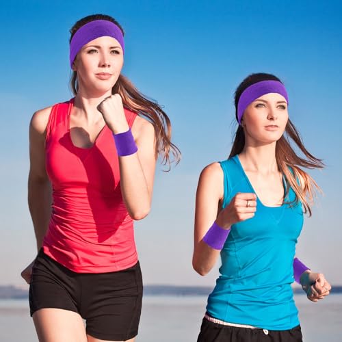 Image of 24 Pieces 80s Neon Sweatbands Set, Include 8 Sports Headbands and 16 Sweat Wristbands Elastic Athletic Tennis Sweat Bands Bulk for Man Woman