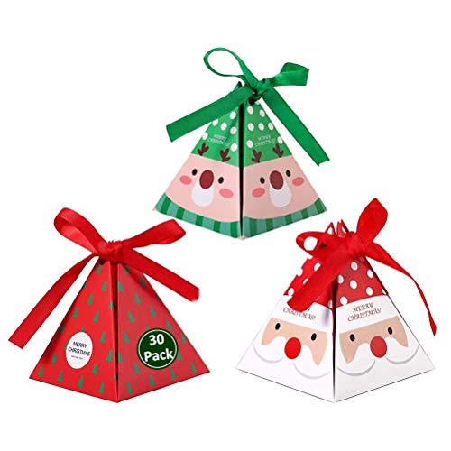 24 Pieces 3D Christmas Goody Gift Boxes with Bow for Holiday Xmas Goodie Paper Boxes, School Classroom Party Favor Supplies, Candy Treat Cardboard Cookie Boxes.