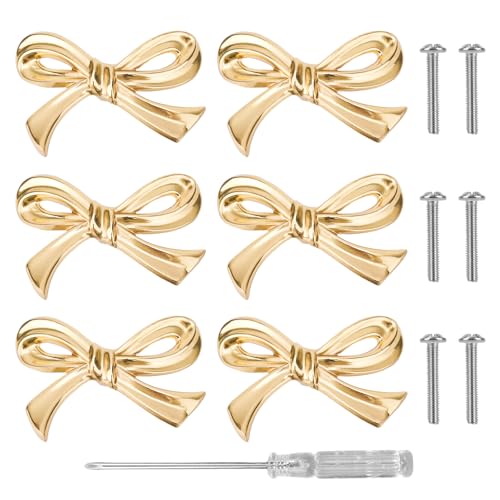 6pcs Bow Shape Cabinets Knobs, Gold Bow Furniture Door Pulls with Screwdriver Brass Vintage Drawer Knobs Decorative Dresser Handle for Home Kitchen Cupboard Wardrobe Hardware