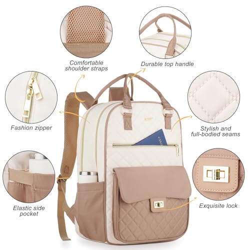 Image of School Backpack for Teen Girl,Aesthetic Schoolbag Bookbag with 15.6-Inch-Laptop Compartment for Women College Student Work Travel Nurse Teacher,Khaki-Beige
