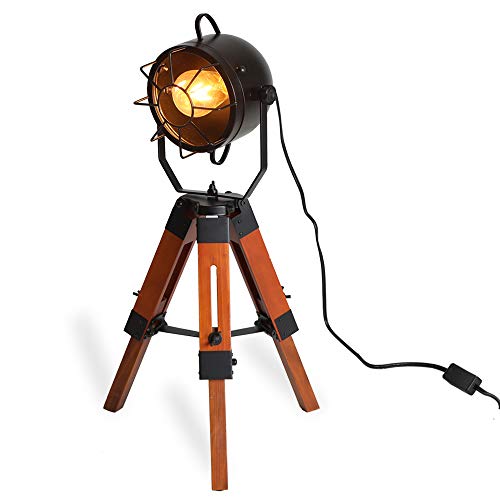 Vintage Adjustable Wood Tripod Floor Lamp, Modern Rustic Distressed Metal Industrial Farmhouse Standing Table Light, Mid Century Art Deco Desk Fixture For Living Room Kid Bedroom(Black Cage Lampshade) #TOP16