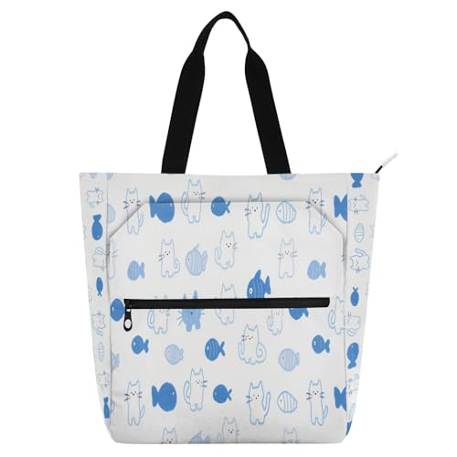 Decorative Book Tote Bag for Kids Boys Girls, Cartoon Cute Cats White Fish Water-resistant Reusable Grocery Beach Bag with Zipper for School Shopping Beach Rainbow bolsa para llevar
