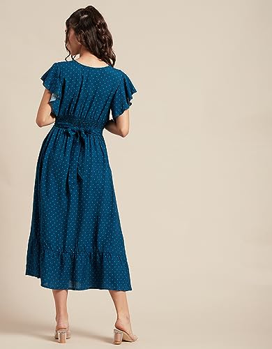 Image of Moomaya Women's Printed Dress, V-Neck, Short Sleeves, Ruffled Midi Summer Dress