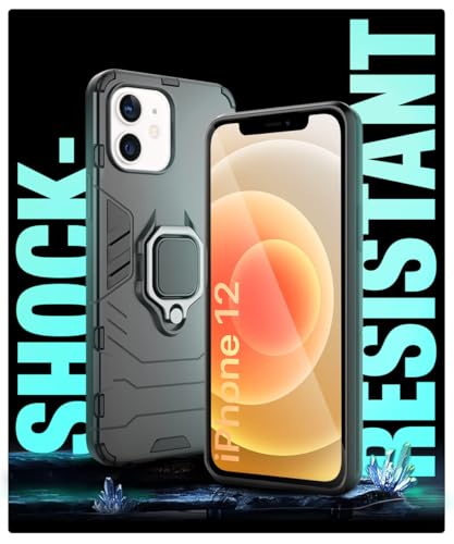 Image of WOW IMAGINE Shock Proof Back Case Mobile Cover for Apple iPhone 12 (Armor | Hybrid PC + TPU | Full Protection with Ring Holder Kickstand | Carbon Black)