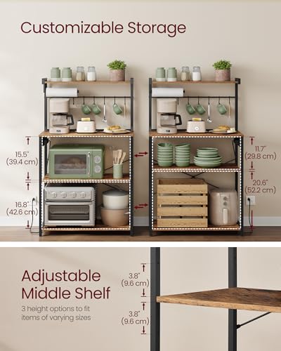 Image of VASAGLE BARNET Collection - Kitchen Bakers Rack with Power Outlet, 31.5-Inch Wide Coffee Bar 4-Tier with 8 S Hooks, Modern Microwave Stand, Adjustable Shelf, Rustic Brown and Ink Black UKKS029KD01