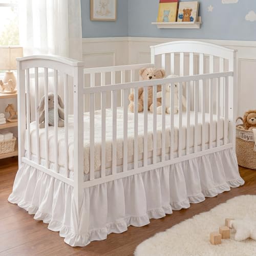 Hahafelt White Crib Skirt for Baby Girls & Boys 28 x 52 with 14 Drop100% Washed Cotton Dust Ruffle Bed Skirt Soft Nursery Bedding Fits Standard Toddler Cribs Boho Farmhouse Decor