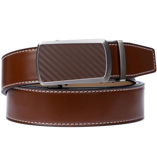 Image of Drowsmen Leather ratchet belt 1 3 /8 inch with Click Sliding Automatic Buckle, Adjustable belt Trim to Fit