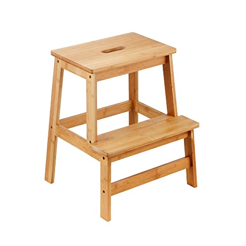 RELSY Natural Bamboo Wooden 2 Step Stool For Kids & Adults - Sturdy Foot stool, Assistance Step Up Stool For Adults & Kids Kitchen Sink/Bath Stool Wooden Step Ladder