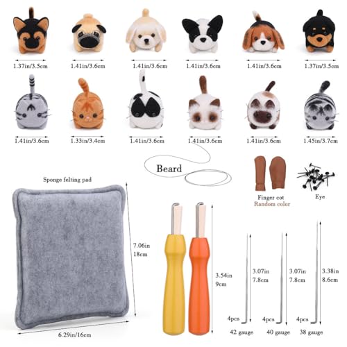 Image of AURAFUL Needle Felting Kit, 12 Pcs Felted Animal Needle Felting Set, Dogs and Cats Dolls DIY Needle Felting Suppliesmazon with Wool Roving, Instruction Manual, Felting Beginner Tools