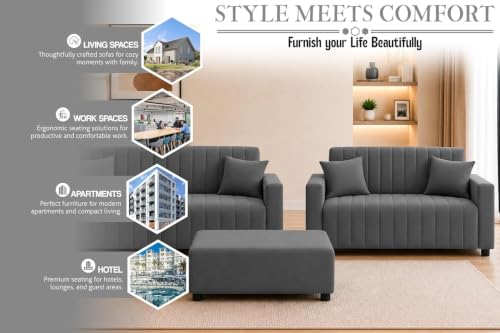 Image of Rosebell 3+2 Fabric Sofa Set with Ottoman | Velvet Upholstery 5 Seater Sofa | with Printed Cushions | Living Room Furniture | Grey Color