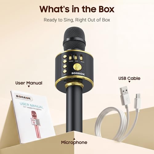 Image of BONAOK Wireless Bluetooth Karaoke Microphone,3-in-1 Portable Handheld Karaoke Mic Speaker Machine Home Party Birthday for All Smartphones PC(Q37 Black Gold)