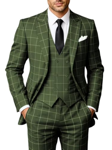 Solovedress Costumes pour hommes 3 pièces Costume classique à carreaux pour hommes Veste, pantalon, gilet pour mariages et affaires, vert olive, XL