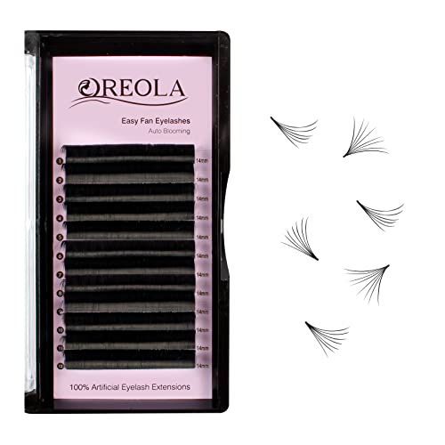 Oreola Self-Fanning Lashes D Curl Easy Fan Lashes Natural Volume Eyelash Extensions Semi-Permanent Lasting Silk Eyelash Extensions 14mm Matte Black