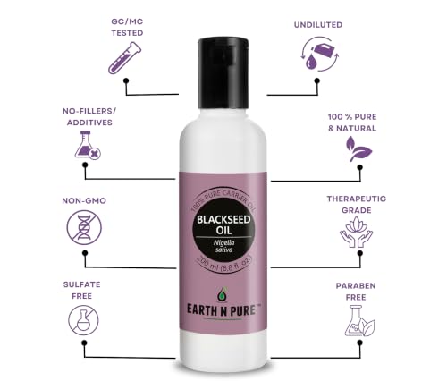 Image of Earth N Pure Black Seed (Kalonji Oil) | 100% Pure & Natural | Cold Pressed Nigella Sativa Oil | Hair, Scalp, Skin & Beard Care | Vegan & Cruelty-Free | 200ml