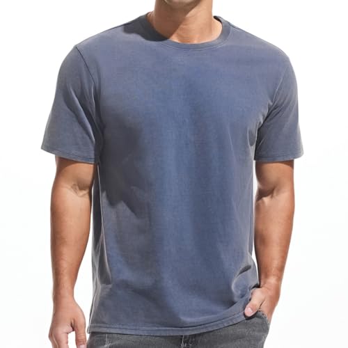 VEIISAR Men's Heavy Weight Crew Neck 100% Cotton T-Shirt - 250g/m² Thick Distressed Washed T-Shirts for Men